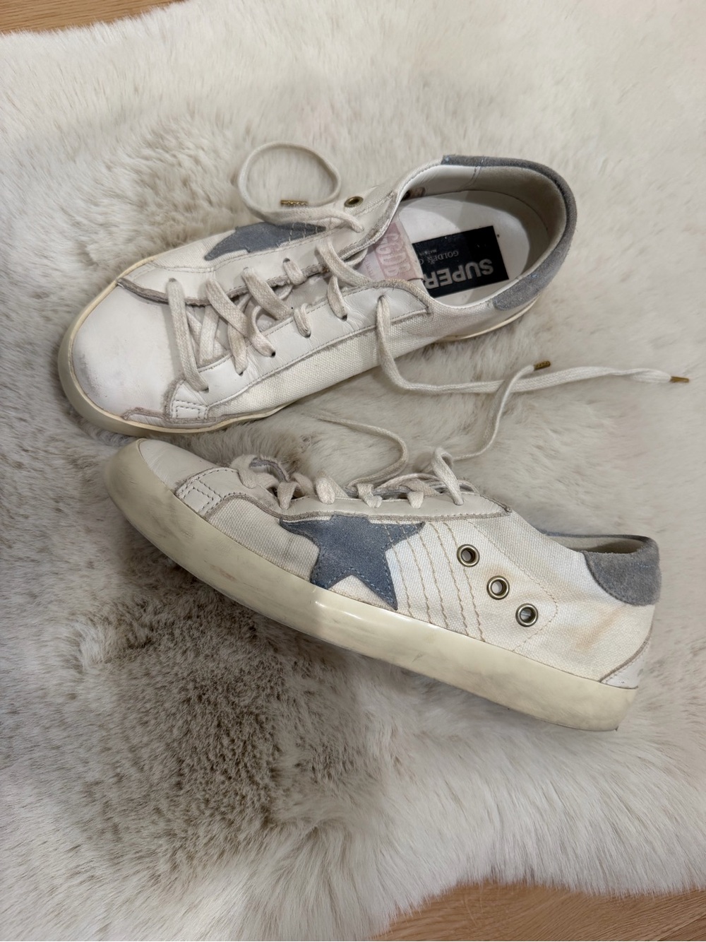 Golden Goose White and Gray Low-Top Sneakers with Blue Star Accent